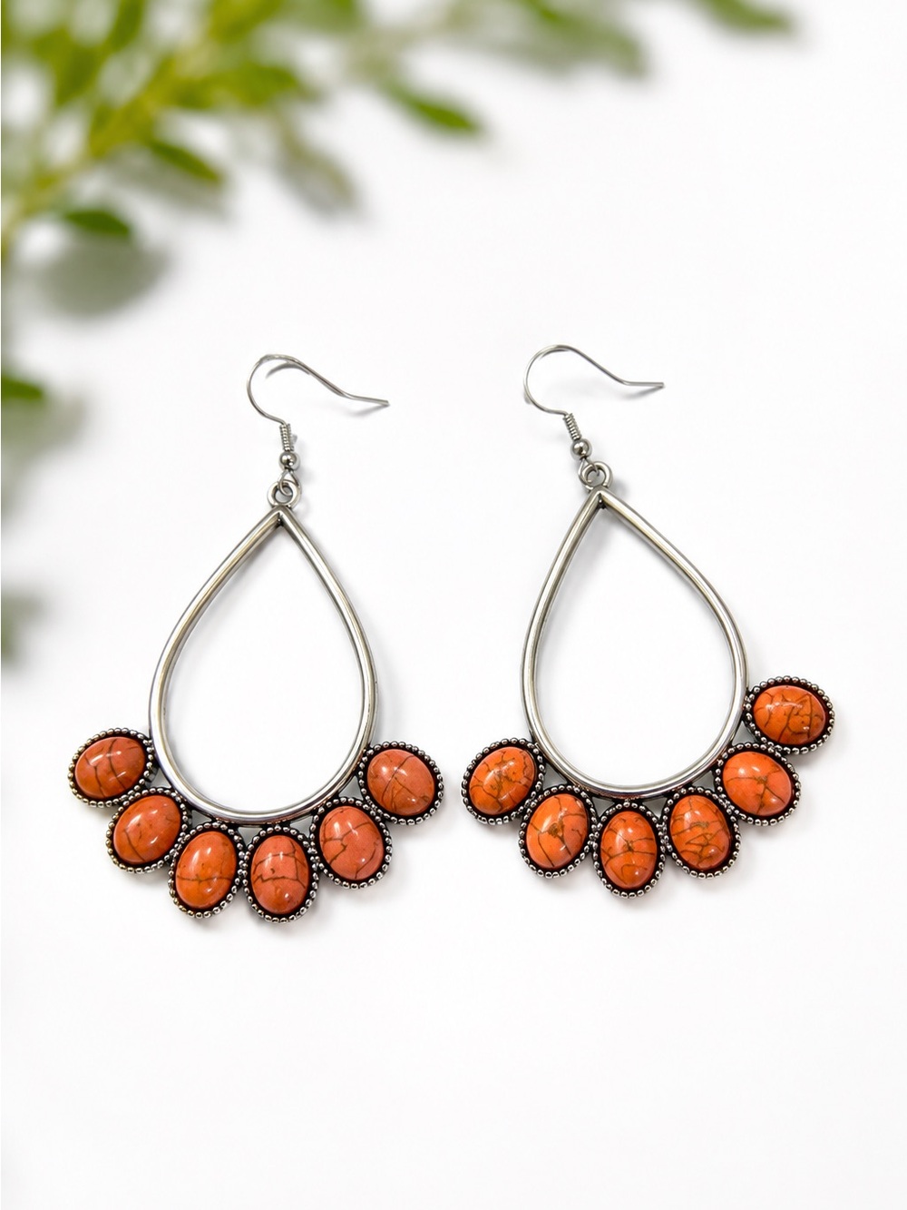 Silver Teardrop Earrings with Orange Stone Accents
